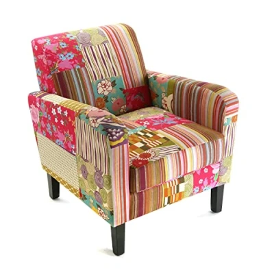 Abbildung von Versa Pink Patchwork Sessel für Wohnzimmer, Schlafzimmer oder Esszimmer, bequemer und Anderer Sessel, mit Armlehnen, Maßnahmen (H x L B) 71 77 65 cm, Baumwolle Holz, Farbe: Rosa