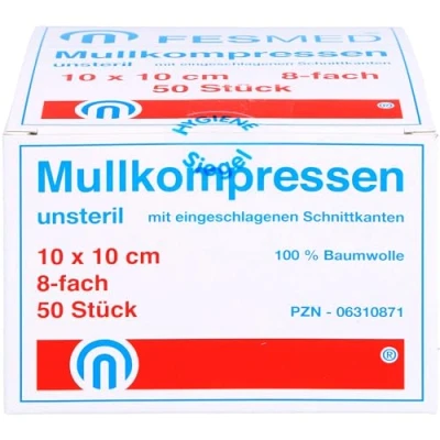Abbildung von Mullkompressen ES 10x10 cm unsteril 8fac 50 St