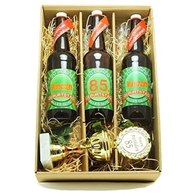 Abbildung von Bier Geschenk zum 85.Geburtstag Geburtstagsgeschenk fünfundachtzigster Geburtstag Präsentkarton mit und Pokal 85.