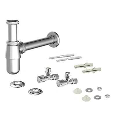 Abbildung von KIRCHHOFF Siphon, Waschbecken Abfluss inkl. Eckventil ½ Zoll Befestigung, Ablaufgarnitur für Waschtisch, Flaschensiphon, Abflussrohr Komplett Set, 98800004, Tassensiphon