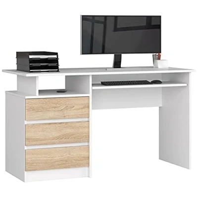 Abbildung von AKORD PC Schreibtisch CLP 135 mit Tastaturablage Office Desk Computertisch Bürotisch 3 Schubladen, 1 Ablagefach, B135 x H77 T60 cm, 45 kg Weiß &amp; Sonoma Eiche Front