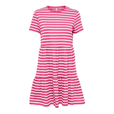 Abbildung von ONLY Women&#039;s ONLMAY S/S O Neck Peplum Dress Box JRS Kleid, Shocking Pink/Stripes:Cloud Dancer (dina), M
