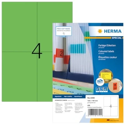 Abbildung von HERMA 4399 Farbige Etiketten grün, 100 Blatt, 105 x 148 mm, 4 pro A4 Bogen, 400 Stück, selbstklebend, bedruckbar, matt, blanko Papier Farbetiketten Aufkleber