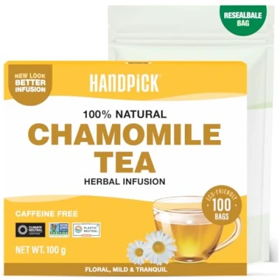 Abbildung von HANDPICK Kamillen Kräutertee 100 Umweltfreundliche Runde Teebeutel Koffeinfrei &amp; Nicht GVO Aus 100% Reinen Kamillenblüten Florale Kräutermischung Vakuumversiegelt für Frische