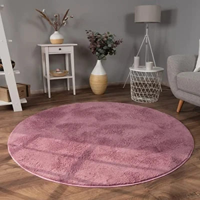 Abbildung von Paco Home Hochflor Teppich Wohnzimmer Flauschig Fellteppich Kunstfell Plüsch Shaggy Weich Fellimitat, Grösse:160 cm Rund, Farbe:Lila Rosa