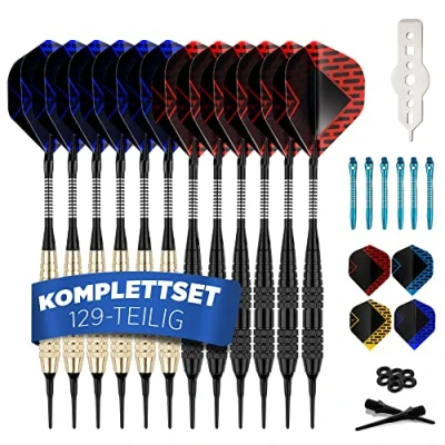 Abbildung von DartPro Dartpfeil Softdarts Set 12 Pfeile [18g] für E Dartscheibe, Inkl. Alu Schäfte, Flights &amp; Ersatzspitzen, Anfänger Profis