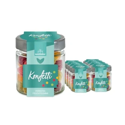 Abbildung von Konfetti Fruchtgummis in 120g Naschglas Geburtstagsgeschenk Geschenk zum Geburtstag Dein Mitbringsel Neujahr Happy New Year Perfekt für festliche Anlässe