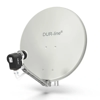 Abbildung von DUR line 4 Teilnehmer Set Qualitäts Alu Satelliten Komplettanlage Select 60cm/65cm Spiegel/Schüssel Hellgrau + Quad LNB für Receiver/TV [Neuste Technik, DVB S2, 4K, 3D]