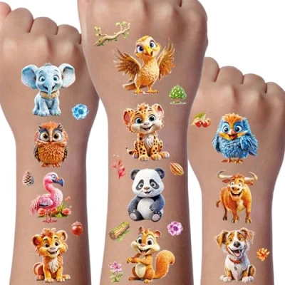 Abbildung von Tiere Glitzer Tattoo Set Kinder, 12 Blätter Temporäre Tattoos Set, Wasserdichte Kindertattoos, Kinder Geburtstags Geschenk Party Dekoration