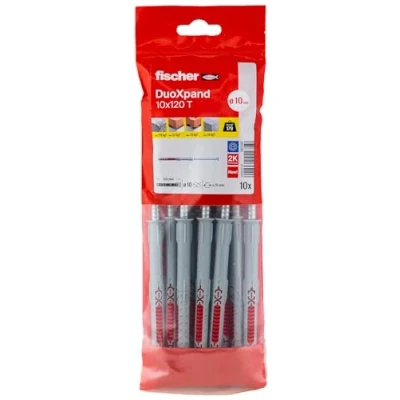 Abbildung von fischer DuoXpand 10 x 120 T, hochwertiger Universaldübel mit verzinkter Senkkopfschraube (10 Stk.), Dübel für starken Halt, ideal poröse Baustoffe &amp; randnahe Verankerungen im Innenbereich