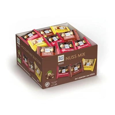Abbildung von Ritter Sport mini Nuss Mix Thekendisplay, 1,1 kg, weiße, dunkle &amp; Vollmilchschokolade, Schokolade mit ganzen Haselnüssen, knackige Tafelschokolade, Großpackung
