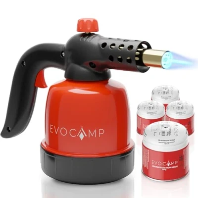 Abbildung von EVOCAMP Flambierbrenner Gasbrenner 1,3 kW, Küchenbrenner, Lötlampe mit Piezozündung, Max. Temperatur 1300C, 4 Gaskartuschen 190g