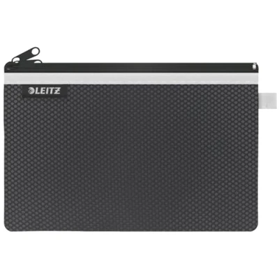 Abbildung von Leitz WOW Mäppchen mit 2 Fächern, Leichtläufiger Reißverschluss, Abwaschbar, Ideal zur Organisation, Größe L, 23 x 15 cm, Schwarz, 40130095