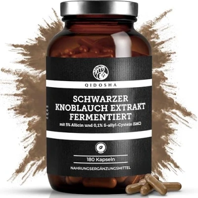 Abbildung von QIDOSHA® Schwarzer Knoblauch Extrakt hochdosiert, 180 Kapseln im Apothekerglas, 600mg je Kapsel, darunter 30mg Allicin, 0,6 mg S Allyl Cystein (SAC), deutsche Fertigung, jede Charge laborgeprüft
