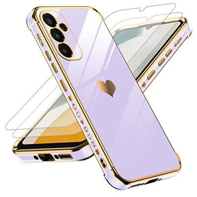Abbildung von LeYi Hülle für Samsung Galaxy A34 5G Handyhülle mit 2 Stück Panzerfolie, Cute Herz Muster TPU Silikon Galvanik Schutzhülle Cover Case Mädchen, Kameraschutz und Bildschirmschutz, Lila