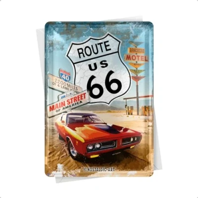 Abbildung von Nostalgic Art Retro Blechpostkarte, 10 x 14 cm, Route 66 Red Car Geschenk Idee für USA Fans, Postkarte aus Metall, Mini Blechschild als Grußkarte