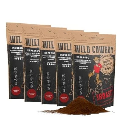 Abbildung von Blank Roast Wild Cowboy Espresso gemahlen für Filter 1kg (5er Pack) mit Hickoryholz geröstet Arabica &amp; Edel Robusta Blend aus Brasilien Uganda schokoladigen Nuancen säurearm