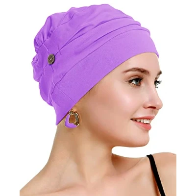 Abbildung von osvyo Baumwolle Chemo Kopfbedeckung für Damen Krebs Haarausfall Hut Leichte Versiegelte Verpackung LILA