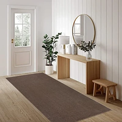 Abbildung von Fashion4Home Teppich Wohnzimmer Einfarbig Teppich, Uni fürs Kinderzimmer, Schlafzimmer, Arbeitszimmer, Büro, Flur und Küche Kurzflor Braun Taupe, Größe: 80x250 cm