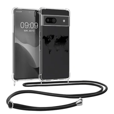 Abbildung von kwmobile Necklace Case kompatibel mit Google Pixel 8a Hülle Silikon Cover Handykette Schwarz Transparent Travel Umriss
