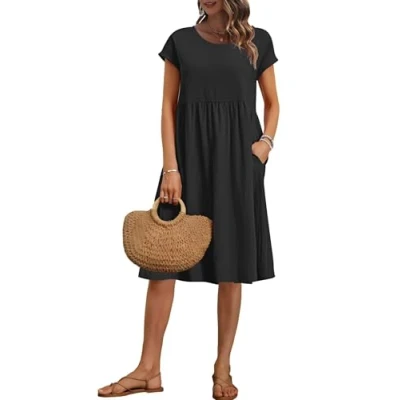 Abbildung von AUSELILY Damen Kurzarm Knielange Sommerkleider Sommer Lockeres Freizeitkleider Empire Kleider mit Taschen Schwarz XL