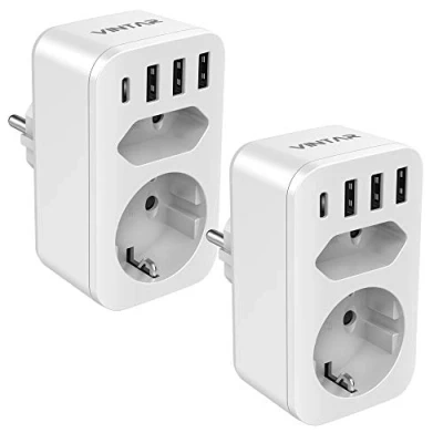 Abbildung von VINTAR USB Steckdose 2pc, Mehrfachstecker (4000W) mit 3 ladegerät (2.4A) und 1 Typ C Port (3A), USB, 6 in Steckdosenadapter, Mehrfachsteckdose Kindersicherung