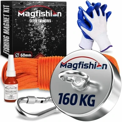 Abbildung von MAGFISHION Magnetfischen Set 160 KG Ø60mm Neodym Magnet mit Seil (20M) &amp; Handschuhe Fischen Angel Ösenmagnet Fishing Magnetangel Magnetangeln