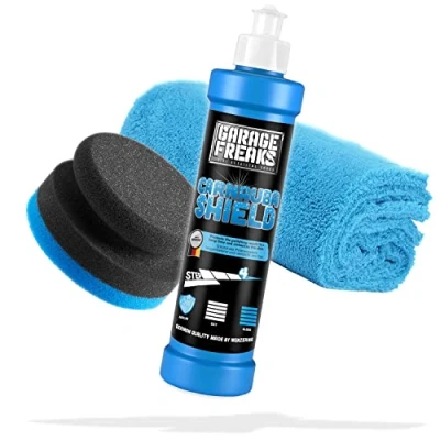 Abbildung von Garage Freaks Handpolitur Set Step 4: Protection Versiegelung Carnauba Shield 250ml Mit Abperleffekt und Tiefenglanz + Auftragsschwamm Mikrofaser Poliertuch Für eine optimale Auto Politur
