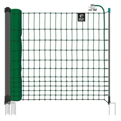 Abbildung von VOSS.farming farmNET 75 50m Hühnerzaun, Geflügelnetz, 112cm, 16 Pfähle, 2 Spitzen, grün, elektrifizierbar, Hühnernetz, Hundenetz, Katzennetz
