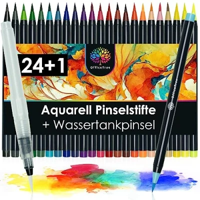 Abbildung von OfficeTree 24+1 Aquarellstifte Pinselstifte mit Wasserstift Wasserfarben Stifte Aqua Watercolor Brush Pen Set auf Wasserbasis Aquarell für Handlettering