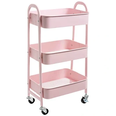 Abbildung von DOEWORKS Rollwagen Metall Servierwagen mit Rollen 3 Etagen Küchenwagen Bastelwagen Küche Aufbewahrungswagen für Wohnzimmer Schlafzimmer Badezimmer Büro, Rosa