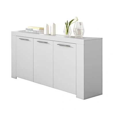 Abbildung von Sideboard mit drei Türen Innenregalen, mattweiße Farbe, Maße 144 x 80 42 cm