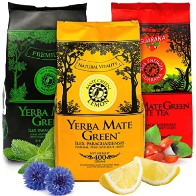 Abbildung von Yerba Mate Tee Brasilian Set mas energia Guarana mit 400g Lemon Zitrone Tea Absinth Krauter Matetee loose leaf 1,2kg