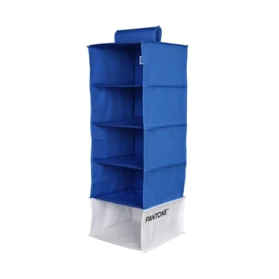 Abbildung von Pantone™ platzsparender Organizer zum Aufhängen, 5 Fächer, Kleidung und Zubehör, vertikaler Kleiderschrank, faltbar, Trennwände für den Innenschrank, Aufbewahrung Kleidung, 84 x 30 cm, Blau