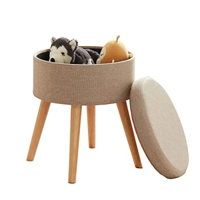 Abbildung von Zedelmaier Hocker Sitzhocker mit Ablage, Sitztruhe, Spielzeugtruhe, Fußhocker,rund (ZD3645), Gepolsterte Sitzfläche aus Leinen und Massivholz Wendedeckel