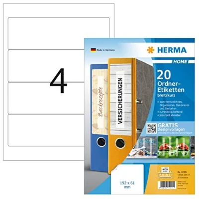 Abbildung von HERMA 12901 Ordnerrücken Etiketten ablösbar kurz breit, 20 Stück, 192 x 61 mm, 4 pro A4 Bogen, selbstklebend, bedruckbar, blickdicht, blanko Papier Ordneretiketten Rückenschilder Aufkleber, weiß