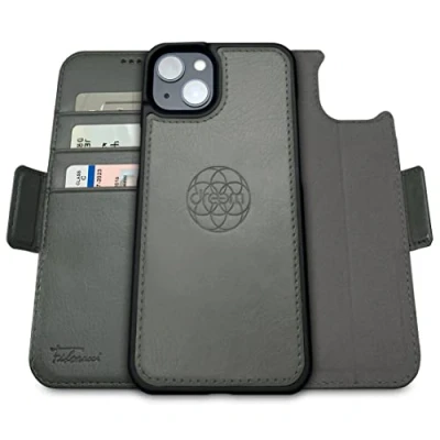 Abbildung von Dreem Fibonacci kompatibel mit iPhone 14 Brieftaschen Etui / 2 in 1 stoßfestes und abnehmbares Folio aus veganem Leder, MagSafe kompatibel, RFID Schutz [Grau]