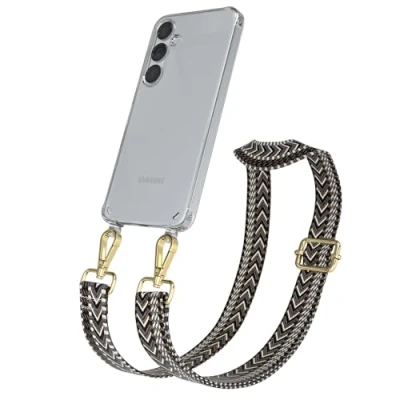 Abbildung von EAZY CASE Handykette mit verstellbarem Trageriemen für Galaxy S25 Plus Taschengurt zum Wechseln transparenter Handyhülle Hülle dünner Schulterriemen in Grau Schwarz Gold