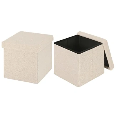 Abbildung von eSituro 2er Set Faltbarer Sitzhocker mit Stauraum, Fußhocker Polsterhocker Sitztruhe Aufbewahrungsbox, bis 300 kg belastbar, aus Teddyfleece Beige