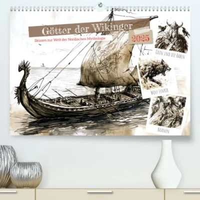 Abbildung von Götter der Wikinger Skizzen zur Welt Nordischen Mythologie (hochwertiger Premium Wandkalender 2025 DIN A2 quer), Kunstdruck in Hochglanz