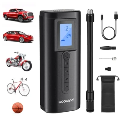 Abbildung von Woowind AP2 P Akku Kompressor, Elektrische Luftpumpe Auto und Fahrradpumpe elektrisch, 150 PSI, Powerbank Funktion, inkl. Presta, Schrader Dunlop Adapter für Fahrrad