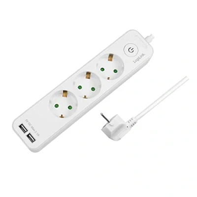 Abbildung von LogiLink LPS248U Steckdosenleiste 3 Fach (3X CEE 7/3) + 2X USB A mit EIN /Aus Schalter und IP20 Schutz, Kabellänge = 1,5m, weiß