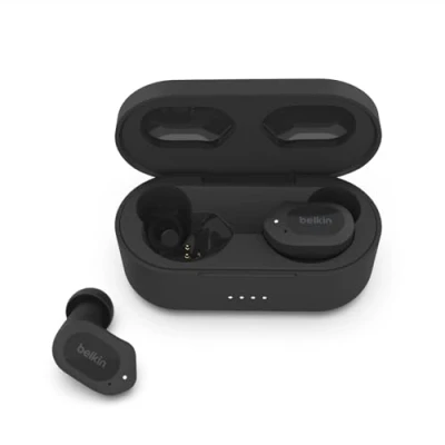 Abbildung von Belkin SOUNDFORM Play True Wireless In Ear Kopfhörer, Kopfhörer kabellos, 3 EQ Voreinstellungen, schweiß und spritzwasserfest, Schutzart IPX5, 38 Std. Betrieb Schwarz, One Size, AUC005