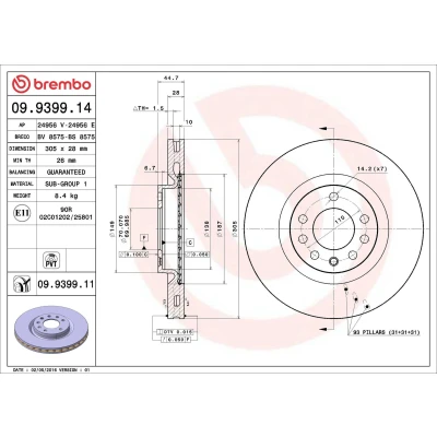 Abbildung von BREMBO COATED DISC LINE 09.9399.11 Bremsscheibe 305 28 5 innenbelüftet beschichtet FIAT: Croma II Kombi