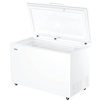 Abbildung von Haier HCE420E Gefriertruhe/Nettoinhalt 418 Liter/Low Frost/Elektronische Temperatursteuerung/Schnell Gefrierfunktion/LED Innenbeleuchtung/Temperaturanzeige / 3 Metallkörbe/Weiß
