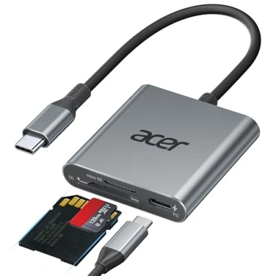 Abbildung von acer SD Kartenleser 312MB/S mit 100W PD, UHS II USB C 4.0 Card Reader aus Aluminium Micro Speicherkartenleser Adapter für iPhone 15/16 Serie, Galaxy S24, iPad Pro,MacBook Pro,Surface Pro usw.