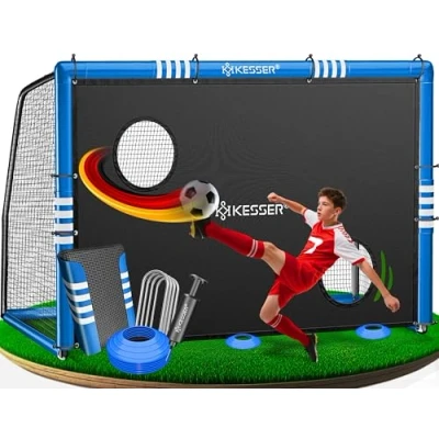 Abbildung von KESSER® Fußballtor Hochwertiges 180cm mit Torwand, Schusstraining UV beständigem Netz, Stahlrahmen Polsterung, Erdhaken, Luftpumpe, Hüttchen, Montagezubehör für Kinder und Erwachsene