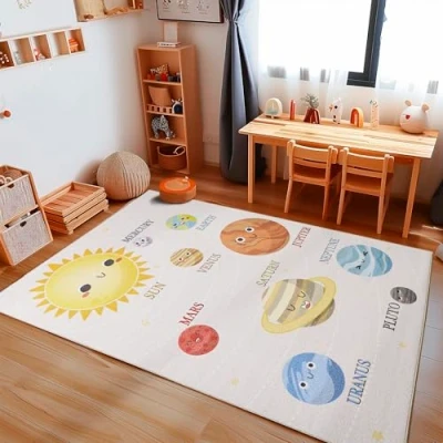 Abbildung von Carpetsale24 Kinderteppich Planeten Muster Jungen und Mädchen Babyzimmer Teppich Kinderzimmer Beige Teppich, Maße:160 x 230 cm, Farbe:Beige