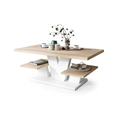 Abbildung von All4All Couchtisch Valerio Wohnzimmertisch Kaffeetisch Tisch mit Ablagen Esszimmertisch Coffee Table 110x60cm 05 Sonoma Eiche + Weiß