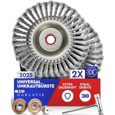 Abbildung von Garlavie Unkrauthacke 2X Profi Unkrautbürste Freischneider mit 25,4mm Bohrung, 2 St., Drahtbürste für effektive Moosentfernung Silber, Hochwertige Wildkrautbürste Motorsense